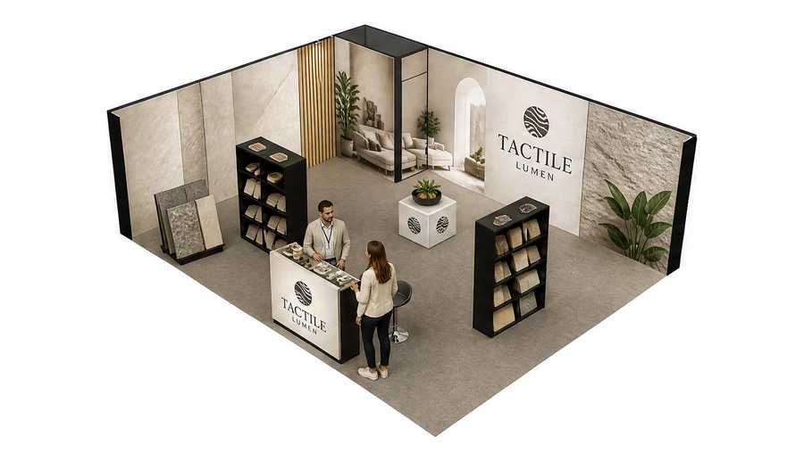 Stoisko 8 × 6 m narożne lewe dla branży wykończenie wnętrz, przykładowa marka Tactile Lumen