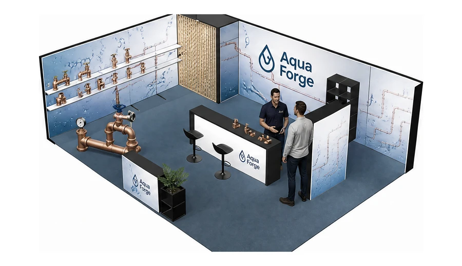 Stoisko 8 × 6 m narożne lewe dla branży instalacje wodno-kanalizacyjne, przykładowa marka Aqua Forge
