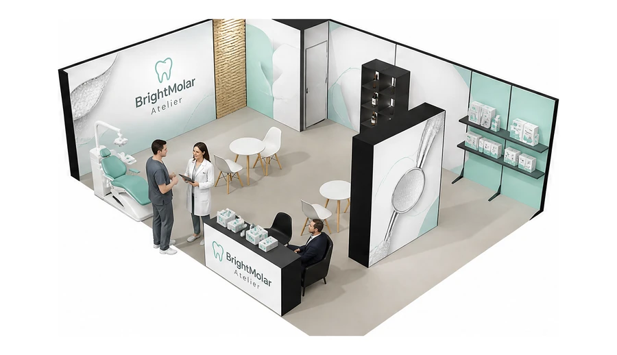 Stoisko 8 × 6 m narożne lewe dla branży stomatologia, przykładowa marka BrightMolar Atelier