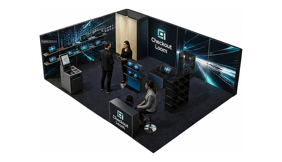 Stoisko 8 × 6 m narożne lewe dla branży technologie dla handlu, przykładowa marka Checkout Loom