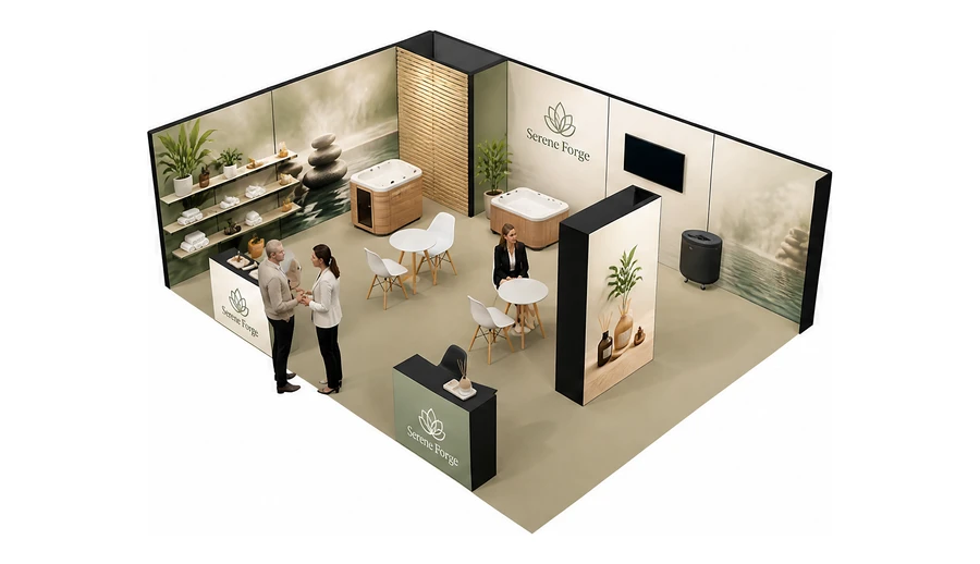 Stoisko 8 × 6 m narożne lewe dla branży spa i wellness, przykładowa marka Serene Forge