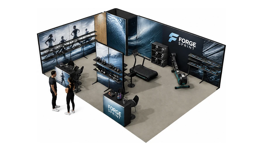 Stoisko 8 × 6 m narożne lewe dla branży fitness i siłownie, przykładowa marka Forge Sprint
