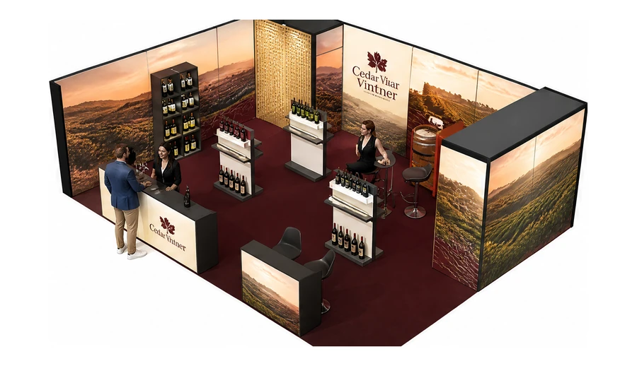 Stoisko 8 × 6 m narożne lewe dla branży winnica, przykładowa marka Cedar Vintner
