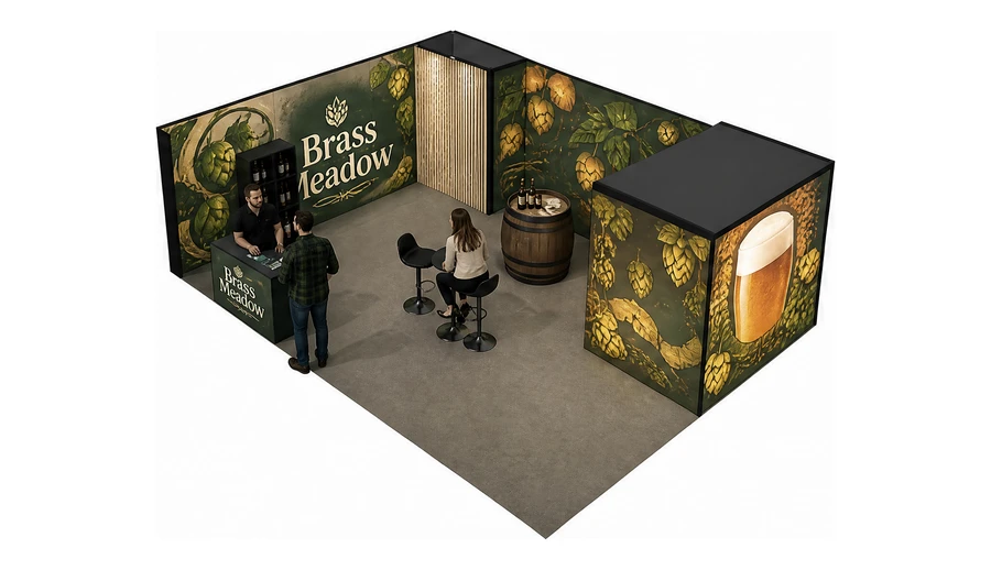 Stoisko 8 × 6 m narożne lewe dla branży browar rzemieślniczy, przykładowa marka Brass Meadow