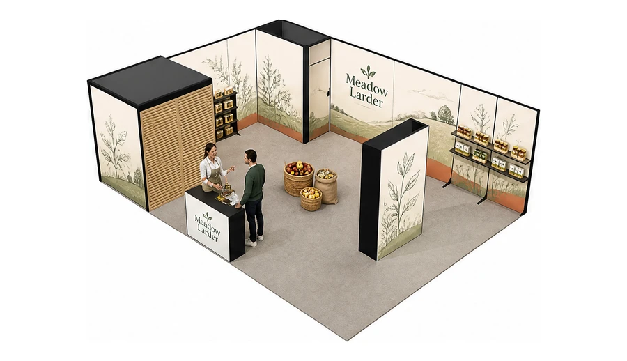 Stoisko 8 × 6 m narożne lewe dla branży żywność ekologiczna, przykładowa marka Meadow Larder