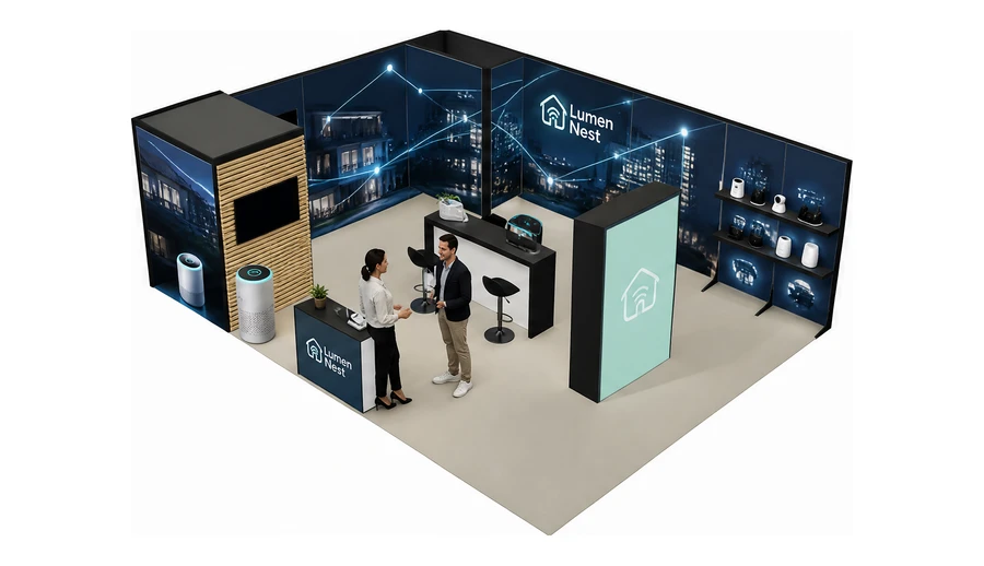Stoisko 8 × 6 m narożne lewe dla branży smart home i IoT, przykładowa marka Lumen Nest