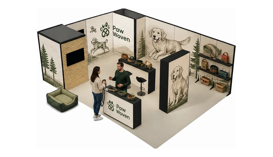 Stoisko 8 × 6 m narożne lewe dla branży akcesoria dla zwierząt, przykładowa marka Paw Woven
