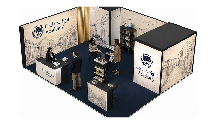 Stoisko 8 × 6 m narożne lewe dla branży edukacja i szkolenia, przykładowa marka Cedarwright Academy