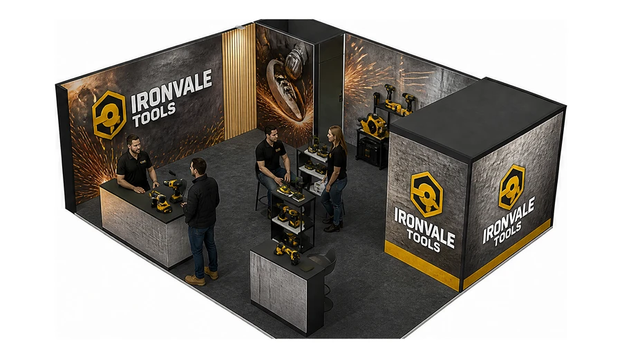 Stoisko 8 × 6 m narożne lewe dla branży elektronarzędzia, przykładowa marka Ironvale Tools