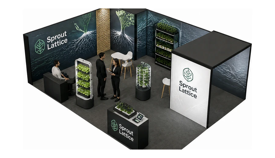 Stoisko 8 × 6 m narożne lewe dla branży sadownictwo i warzywnictwo, przykładowa marka Sprout Lattice