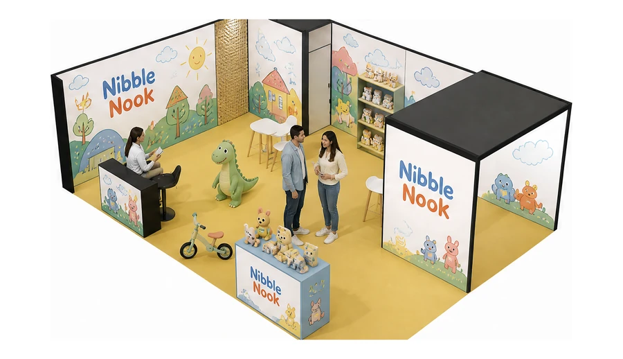 Stoisko 8 × 6 m narożne lewe dla branży zabawki i artykuły dziecięce, przykładowa marka Nibble Nook