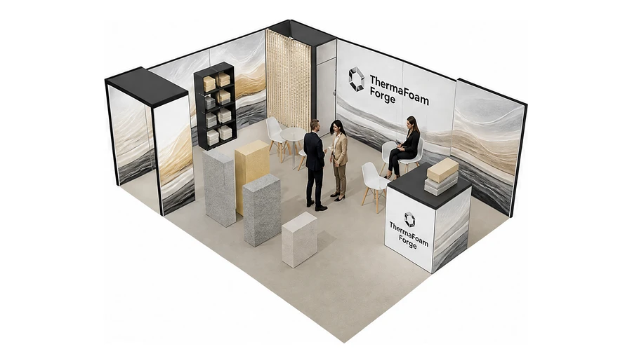Stoisko 8 × 6 m narożne lewe dla branży izolacje techniczne, przykładowa marka ThermaFoam Forge