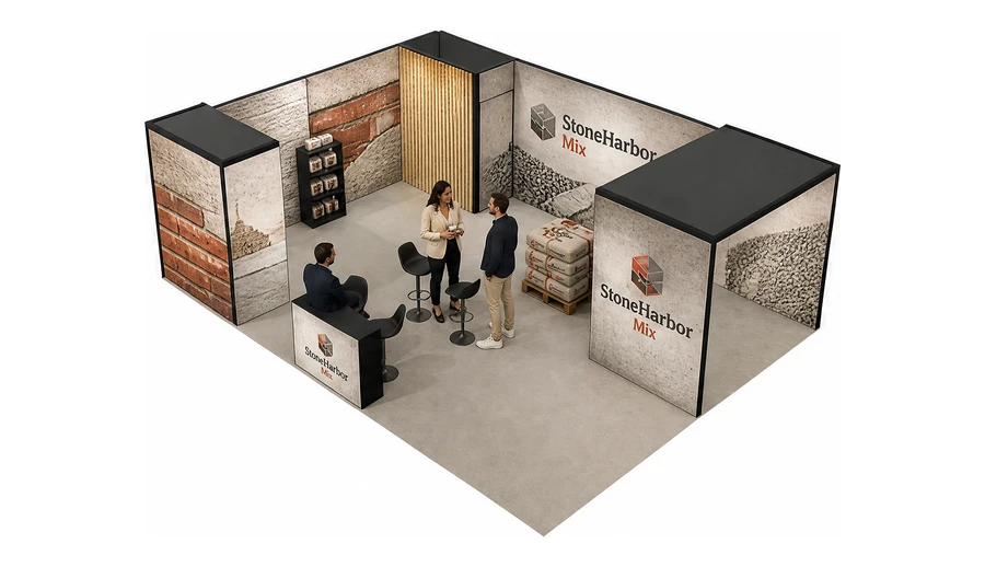 Stoisko 8 × 6 m narożne lewe dla branży materiały budowlane, przykładowa marka StoneHarbor Mix