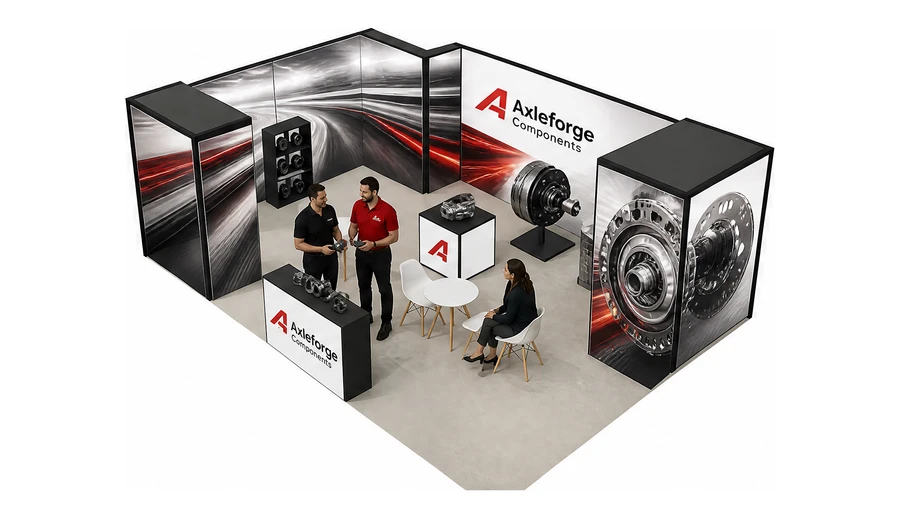 Stoisko 8 × 6 m narożne lewe dla branży części motoryzacyjne, przykładowa marka Axleforge Components