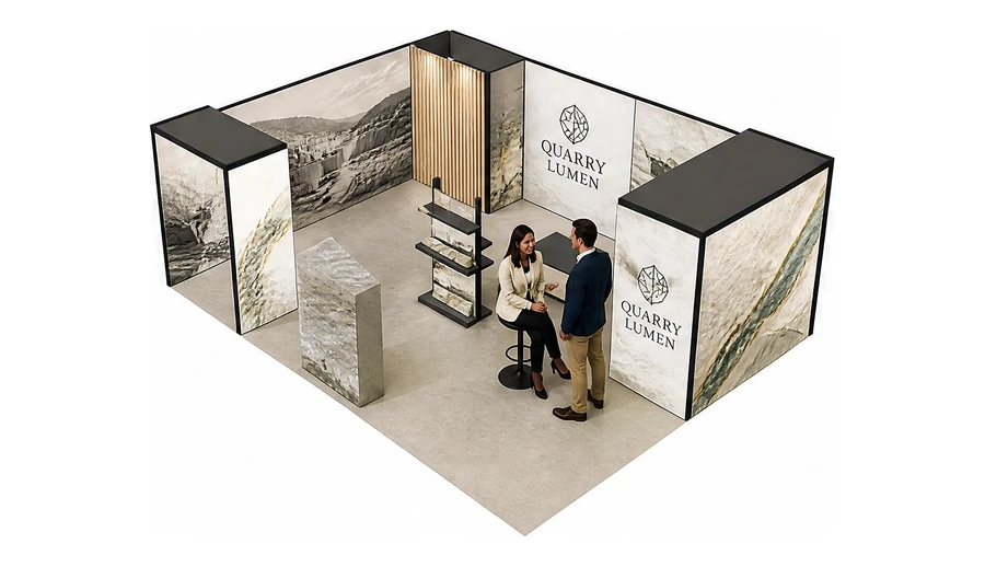 Stoisko 8 × 6 m narożne lewe dla branży kamień i kamieniarstwo, przykładowa marka Quarry Lumen