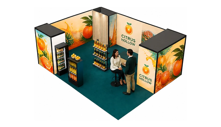 Stoisko 8 × 6 m narożne lewe dla branży napoje, przykładowa marka Citrus Hollow
