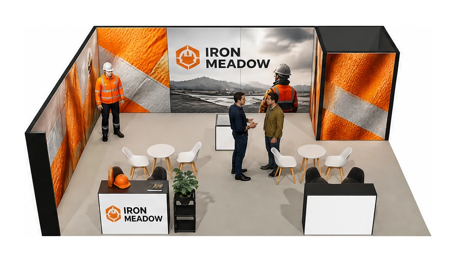 Stoisko 8 × 6 m narożne lewe dla branży BHP i odzież ochronna, przykładowa marka Iron Meadow