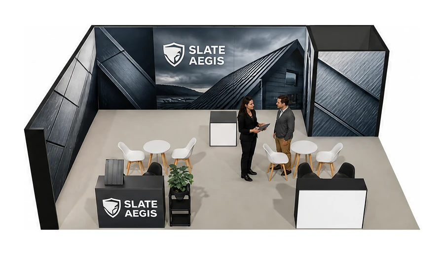 Stoisko 8 × 6 m narożne lewe dla branży dachy i elewacje, przykładowa marka Slate Aegis