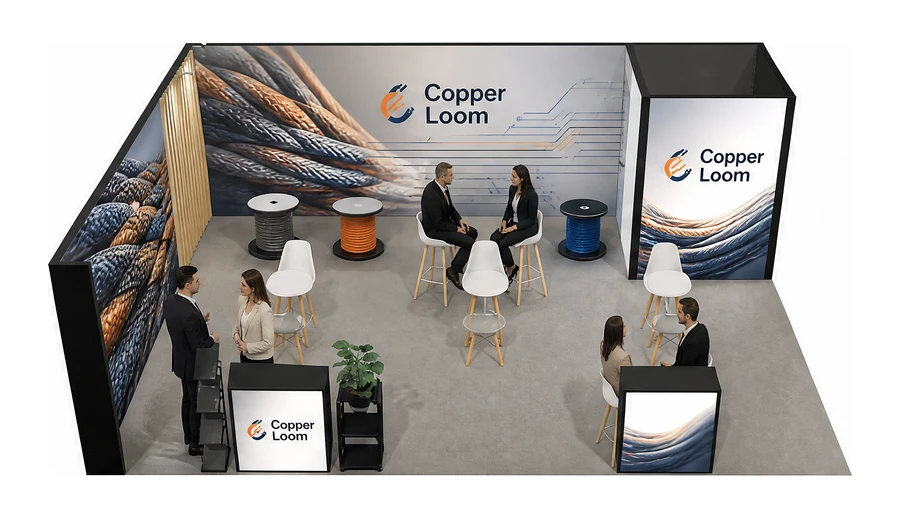 Stoisko 8 × 6 m narożne lewe dla branży kable i elektrotechnika, przykładowa marka Copper Loom