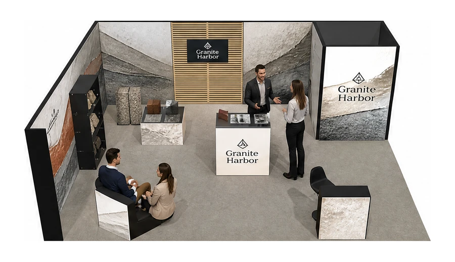 Stoisko 8 × 6 m narożne lewe dla branży materiały budowlane, przykładowa marka Granite Harbor