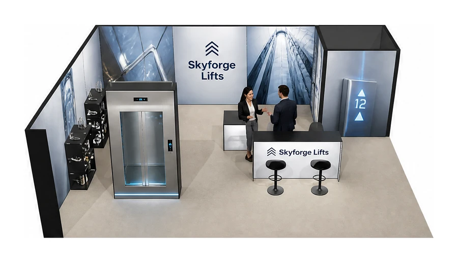 Stoisko 8 × 6 m narożne lewe dla branży dźwigi i windy, przykładowa marka Skyforge Lifts