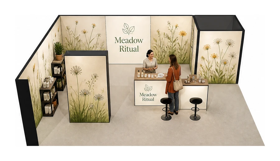 Stoisko 8 × 6 m narożne lewe dla branży kosmetyki naturalne, przykładowa marka Meadow Ritual