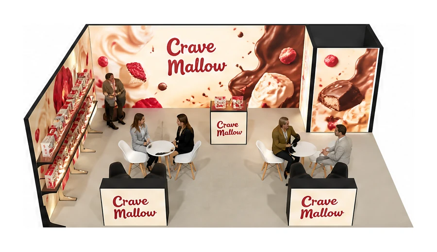 Stoisko 8 × 6 m narożne lewe dla branży słodycze i przekąski, przykładowa marka Crave Mallow