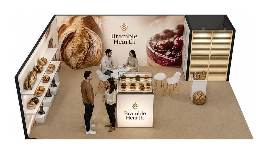 Stoisko 8 × 6 m narożne lewe dla branży piekarnictwo i cukiernictwo, przykładowa marka Bramble Hearth