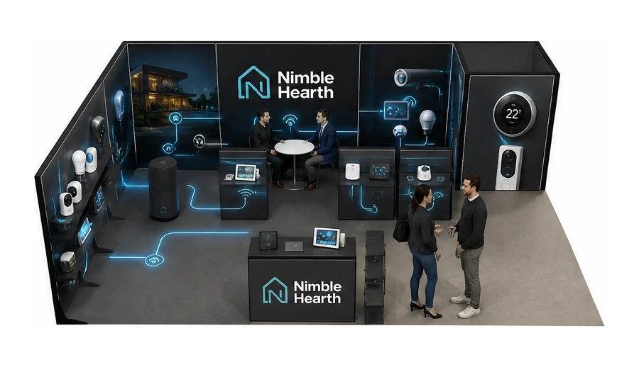 Stoisko 8 × 6 m narożne lewe dla branży smart home i IoT, przykładowa marka Nimble Hearth
