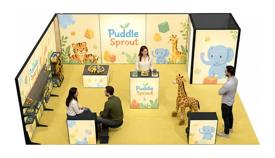 Stoisko 8 × 6 m narożne lewe dla branży zabawki i artykuły dziecięce, przykładowa marka Puddle Sprout