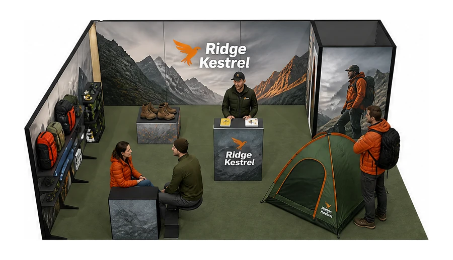 Stoisko 8 × 6 m narożne lewe dla branży odzież i sprzęt outdoorowy, przykładowa marka Ridge Kestrel