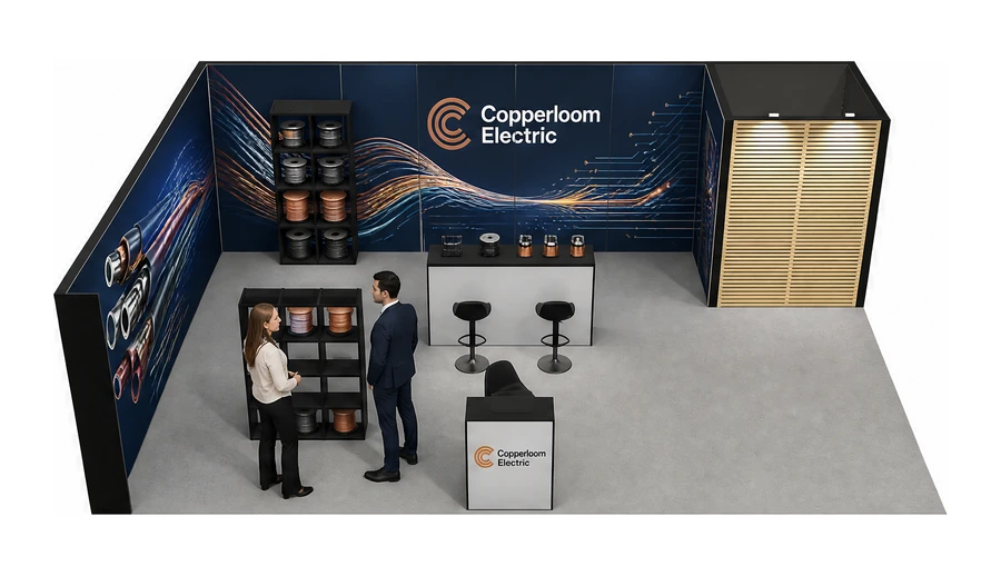 Stoisko 8 × 6 m narożne lewe dla branży kable i elektrotechnika, przykładowa marka Copperloom Electric