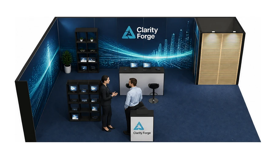 Stoisko 8 × 6 m narożne lewe dla branży oprogramowanie dla firm, przykładowa marka Clarity Forge