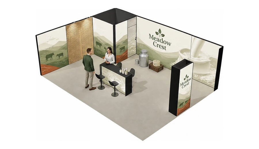 Stoisko 8 × 6 m narożne lewe dla branży nabiał i mleczarstwo, przykładowa marka Meadow Crest