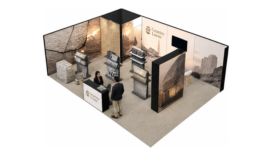 Stoisko 8 × 6 m narożne lewe dla branży kamień i kamieniarstwo, przykładowa marka Granite Loom
