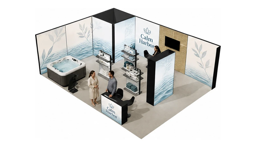 Stoisko 8 × 6 m narożne lewe dla branży spa i wellness, przykładowa marka Calm Harbor