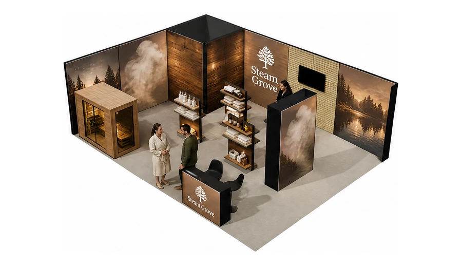 Stoisko 8 × 6 m narożne lewe dla branży baseny i sauny, przykładowa marka Steam Grove