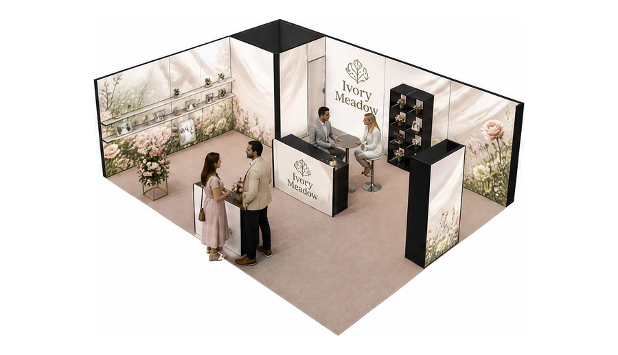 Stoisko 8 × 6 m narożne lewe dla branży branża ślubna, przykładowa marka Ivory Meadow