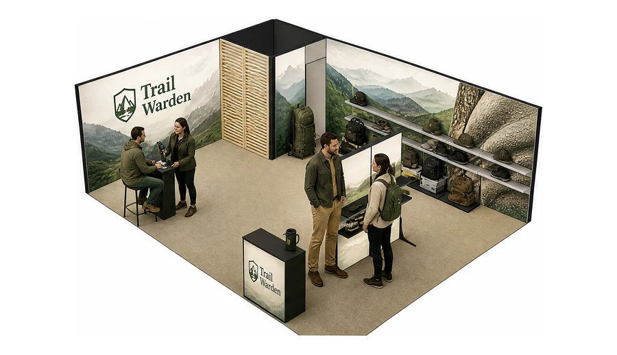 Stoisko 8 × 6 m narożne lewe dla branży odzież i sprzęt outdoorowy, przykładowa marka Trail Warden