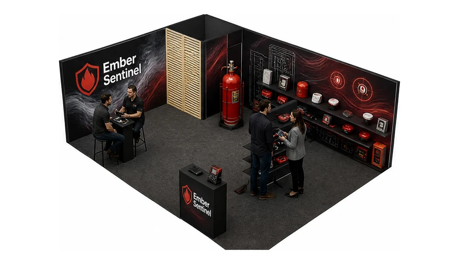 Stoisko 8 × 6 m narożne lewe dla branży ochrona przeciwpożarowa, przykładowa marka Ember Sentinel