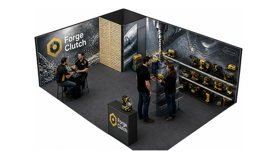 Stoisko 8 × 6 m narożne lewe dla branży elektronarzędzia, przykładowa marka Forge Clutch