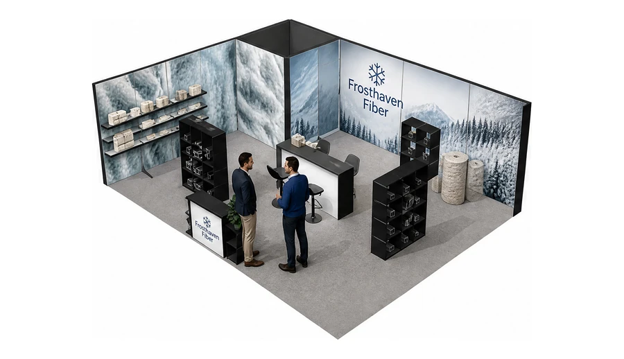 Stoisko 8 × 6 m narożne lewe dla branży izolacje techniczne, przykładowa marka Frosthaven Fiber