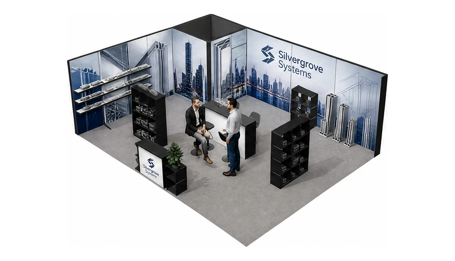 Stoisko 8 × 6 m narożne lewe dla branży profile aluminiowe, przykładowa marka Silvergrove Systems