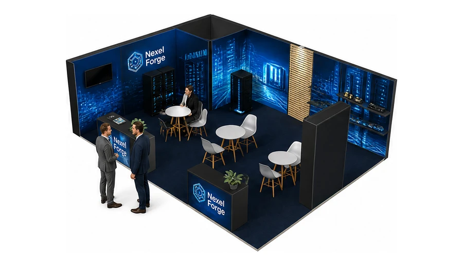 Stoisko 8 × 6 m narożne lewe dla branży infrastruktura IT i data center, przykładowa marka Nexel Forge