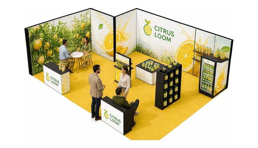 Stoisko 8 × 6 m narożne lewe dla branży napoje, przykładowa marka Citrus Loom