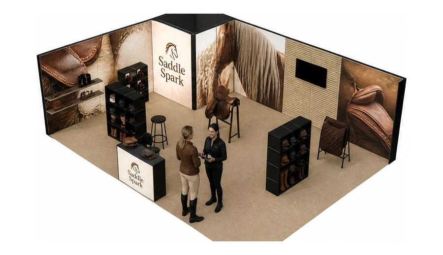 Stoisko 8 × 6 m narożne lewe dla branży jeździectwo, przykładowa marka Saddle Spark