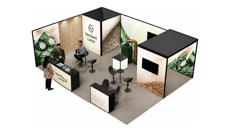 Stoisko 8 × 6 m narożne lewe dla branży recykling i ochrona środowiska, przykładowa marka Verdant Loop