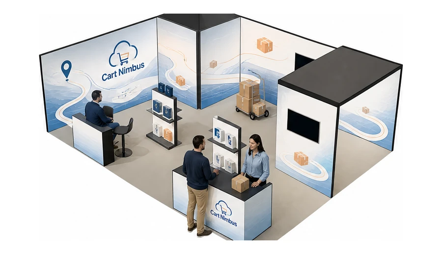 Stoisko 8 × 6 m narożne lewe dla branży e-commerce, przykładowa marka Cart Nimbus