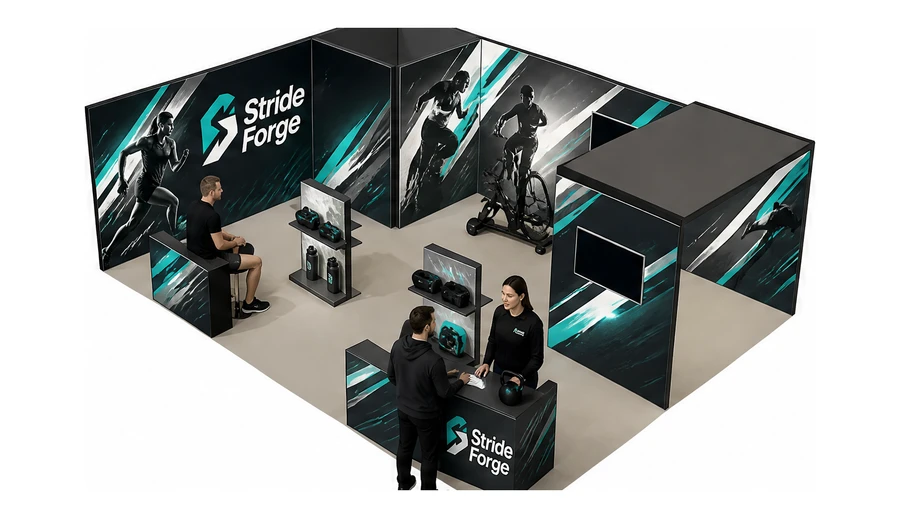 Stoisko 8 × 6 m narożne lewe dla branży sprzęt sportowy, przykładowa marka Stride Forge