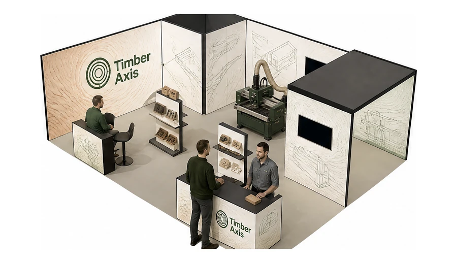 Stoisko 8 × 6 m narożne lewe dla branży maszyny do obróbki drewna, przykładowa marka Timber Axis